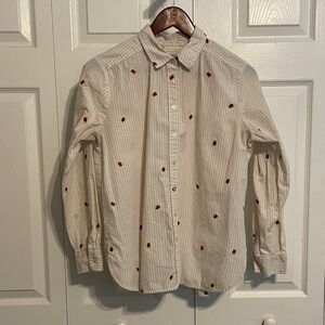 LOFT Women’s tan and White Striped Button Down Shirt with Embroidered Ladybugs